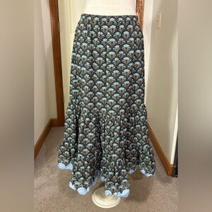 Cara Cara Black Maxi Skirt with Blue and Brown Fan Print